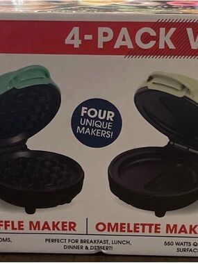 4-Pack Mini Breakfast Makers - Aqua & Light Green Waffle + Omelette Makers